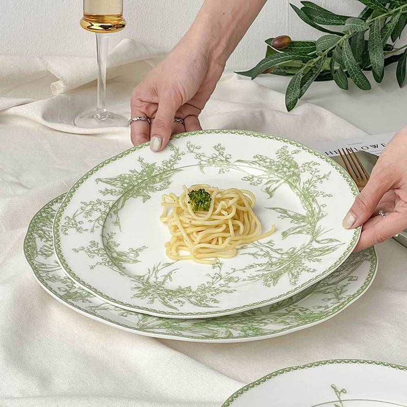 Emerald Green Lily of the Valley Series High Bone China Western Dinner Plate Set High-end Sense Cake Plate French Plate