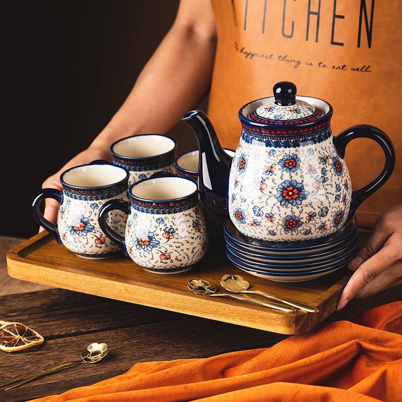 Ceramic cold water kettle home Polish family living room afternoon tea set drinking water coffee cup and saucer set with tray  Polish Porcelain pot, cup and dish set