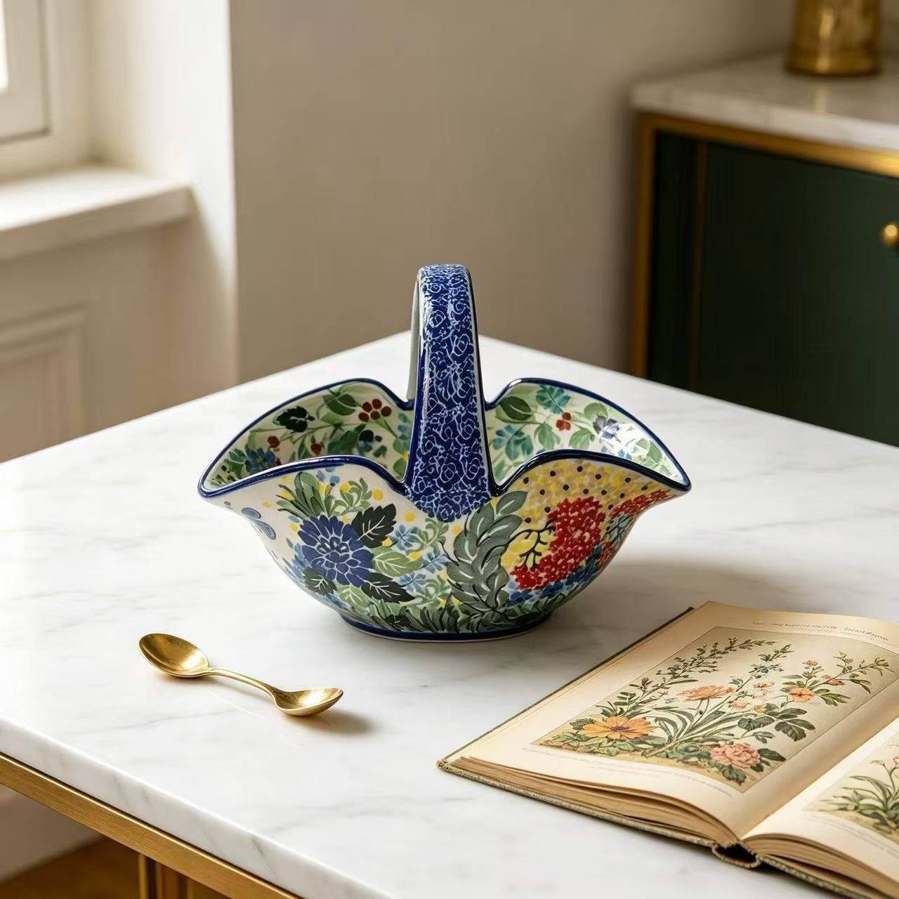 Hand-painted Polish porcelain flower basket, ceramic flower decoration for living room.