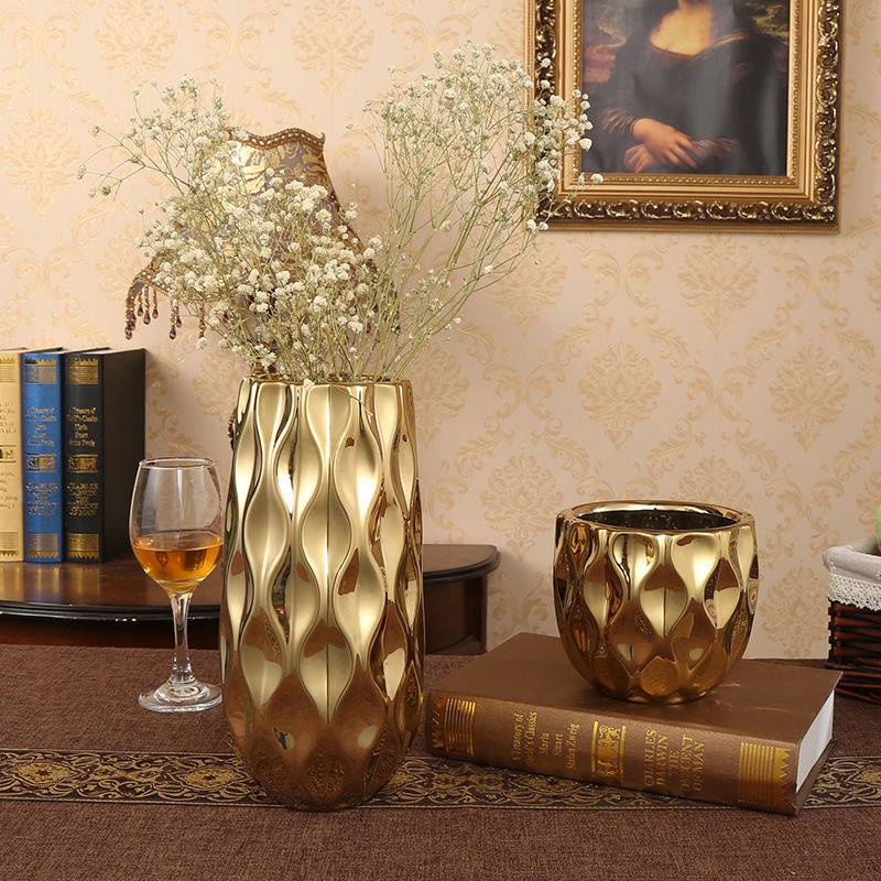 Creative Nordic electroplating ceramic two-piece set golden vase big mouth flower arrangement home living room handicraft decoration