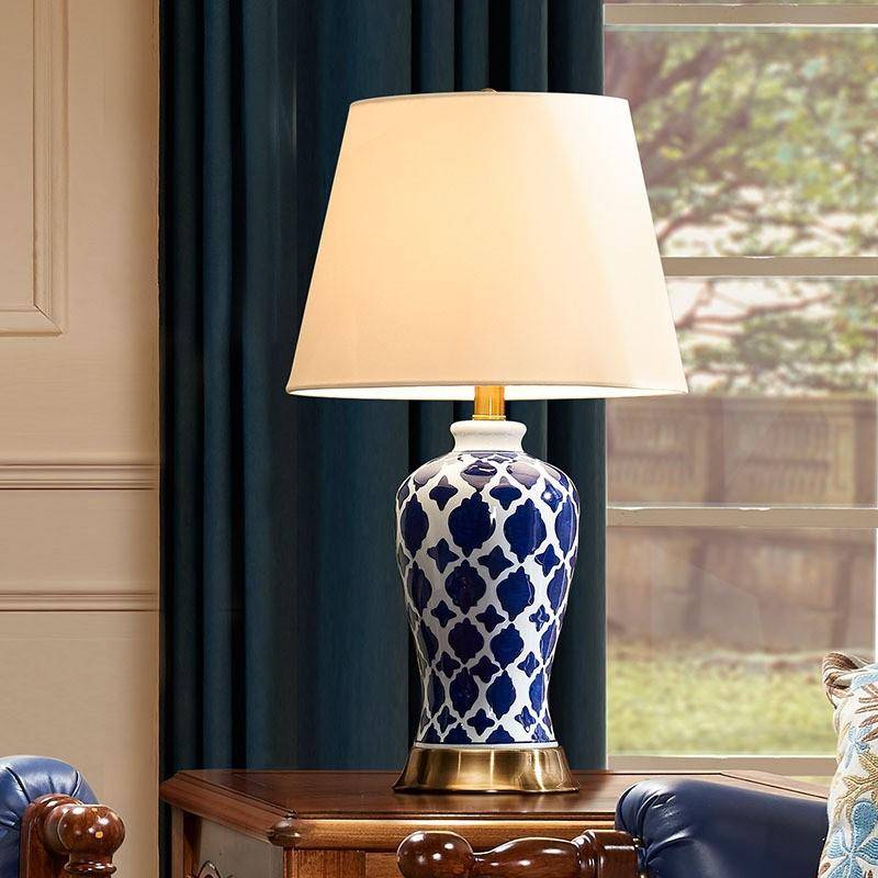 Bedroom table lamp country style blue and white porcelain base table lamp fine linen lampshade Interior bedside table lighting