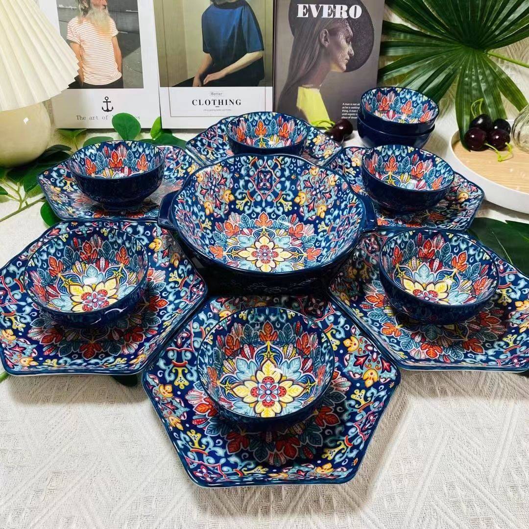 Polish tableware, New Bohemian blue ceramic platter, set of 15pcs