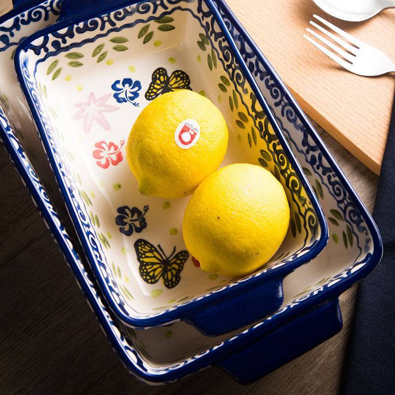 Rectangular Ceramic Baking Pan Cheese Baked Rice Plate Western Food Plate Creative Pasta Plate Double Ear Oven Baking Vegetable Plate