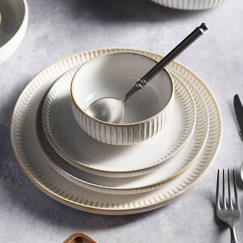 Ceramic Kiln Transformation French White Creative Rice Bowl Vegetable Plate Household Noodle Bowl Dessert Round Striped Couple Solid Color Simple