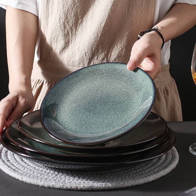 Ceramic plate home creative blue kiln gradient starry sky blue shallow plate round retro minimalist western food plate