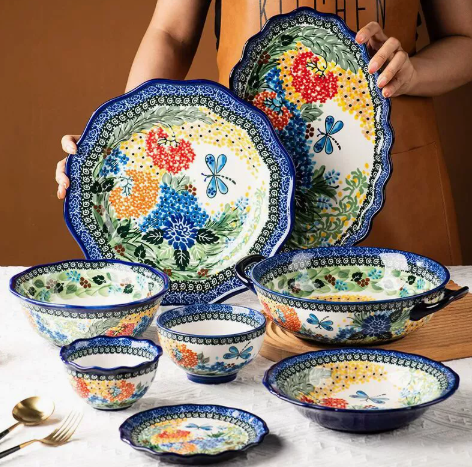 Hand-painted Polish underglaze family set, vintage Polish porcelain