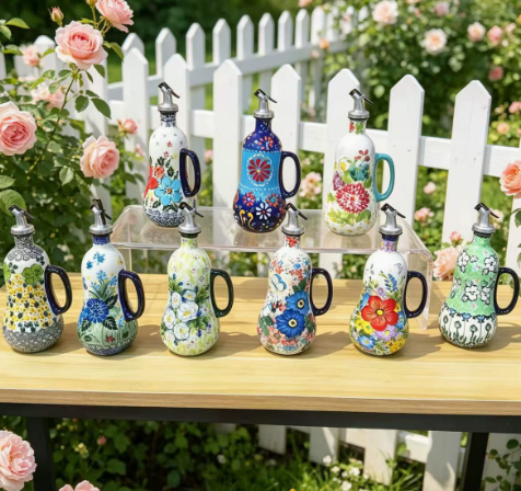 Hand-painted Polish pottery oil bottle oil can